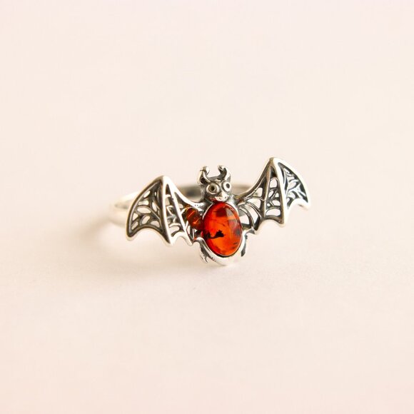 Baltic Amber Bat Ring in 925 Sterling Silver - Cherry Amber Adjustable Size - Picture 2 of 6
